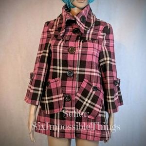 Vintage Style Pink & Brown Plaid Peacoat Sz Small